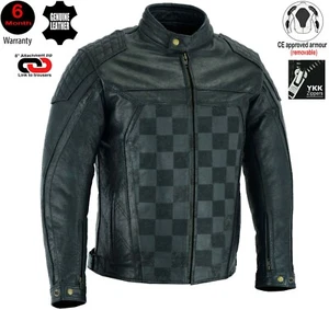 MENS BLACK WAXED CHECKER MOTORBIKE / MOTORCYCLE PREMIUM COWHIDE LEATHER JACKET - Picture 1 of 6