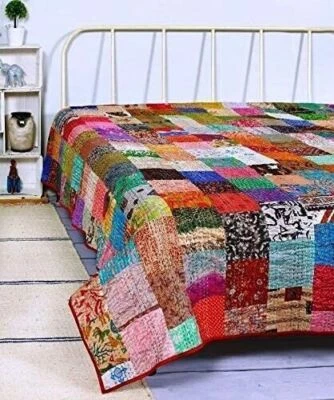 Vintage Patchwork Kantha Quilt Silk Blanket Indian Bedspread Coverlet Throw - Image 1 of 3