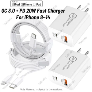For iPhone 11/12/13/14 Pro XR 20W Fast Charger PD Charger Adapter PD Cable Cord - Picture 1 of 18