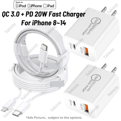 For iPhone 11/12/13/14 Pro XR 20W Fast Charger PD Charger Adapter PD Cable Cord - Image 1 of 4