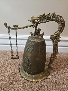 Brass Antique Chinese Temple Asian 8" Dragon Gong Bell With Stand, Pendulum - Picture 1 of 9