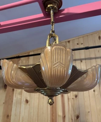 30s Antique Art Deco Copper Slip Shade 5 Light Chandelier Ceiling Fixture - Image 1 of 4