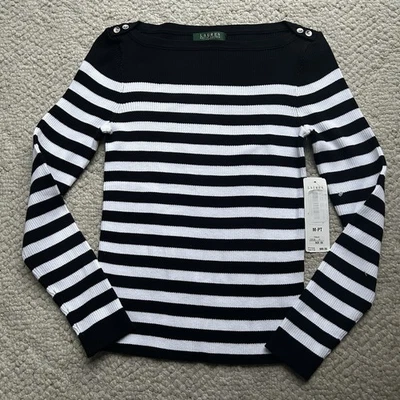 NWT Lauren ralph Lauren Black And White Long Sleeve Top Women Size M Petite - Image 1 of 4