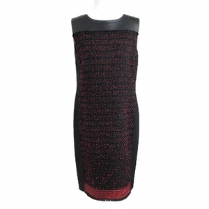 Elie TAHARI WOOL BLEND BLACK RED TWEED LEATHER SLEEVELESS SHIFT FORMAL DRESS - Picture 1 of 9