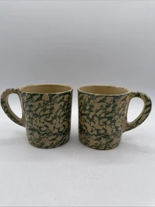 2 Vintage Roseville UVP Ohio Keramik grün Schwammgeschirr Kaffeebecher Tassen - Bild 1 von 20