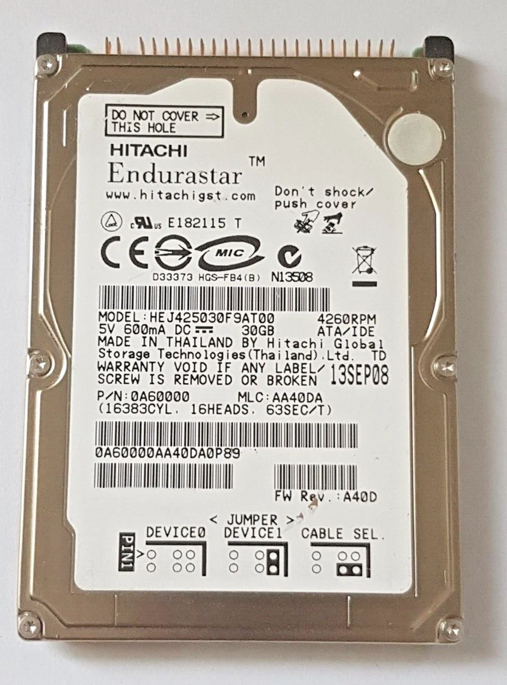 30 GB Ide Hitachi Endurastar HEJ425030F9AT00 P-Ata 4260rpm 8MB 2.5 " Hard Drive - Image 1 of 1