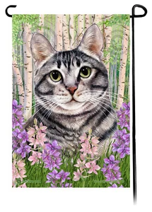 Bandera de jardín con flores de primavera - gato atigrado plateado - Imagen 1 de 1
