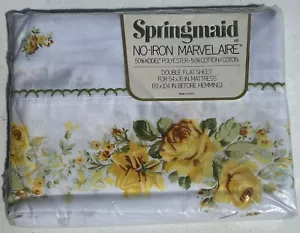 Vintage Springmaid Marvelaire Prelude Full Double Bed Sheet Yellow Roses - Picture 1 of 2