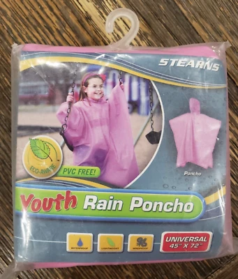 Stearns Pink Youth Hooded Rain Poncho. New in Package. PVC FREE - Image 1 of 3