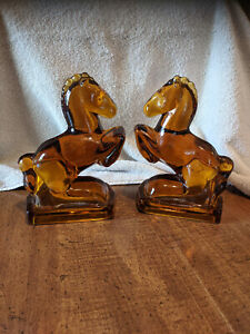 Set of Vintage LE Smith Heavy Amber Glass Rearing Horse Bookends 