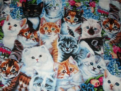 BTY David Textiles KITTENS & FLOWERS Print 100% Cotton Quilt Craft Fabric Yard  - Image 1 of 2