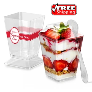 100 Pack 5 oz Elegant Mini Clear Plastic Dessert Cups with Lids and Spoons Squar - Picture 1 of 6