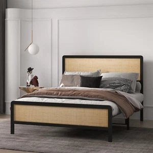🔥QUEEN Bed Frame Platform Rattan Headboard and Footboard Safe Rounded Corners  - Picture 1 of 6