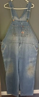 Macacão jeans vintage redondo House Bib EUA 50x30 grunge trabalho madeireiro destruído - Imagem 1 de 4
