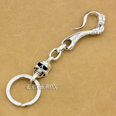 925 Sterling Silver Skull Claw Hook KeyRing Punk Keychain Belt Clip 9T012A BZ - Image 1 of 4