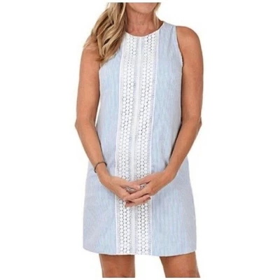 Vestido recto de encaje Seersucker a rayas azules y blancas London Times talla 10 Foto 1 de 4
