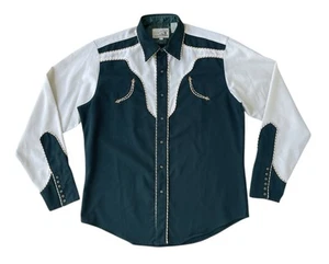 Roper Men’s Large Two Tone Pearl Snap Western Shirt Green White - Picture 1 of 9
