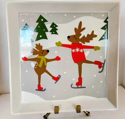 CRATE & BARREL 2016 Skating Reindeer Square 12" Serving Plate Joan Anderson XMAS - Image 1 of 4