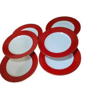  lot of 6 Crate and Barrel Red Band Salad Plate Gold Trim set of 6 - Image 1 of 4