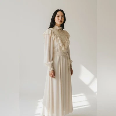 Lillie Rubin vintage Bridal Victorian Cream Lace Ruffle Maxi Dress - Image 1 of 4