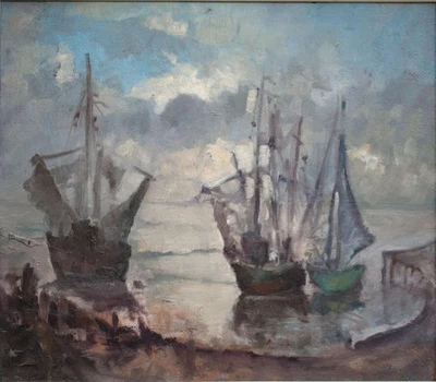 Segelschiffe Hafen Küste unleserlich signiert gerahmt Öl Hartfaser 20 Jhd - Bild 1 von 3