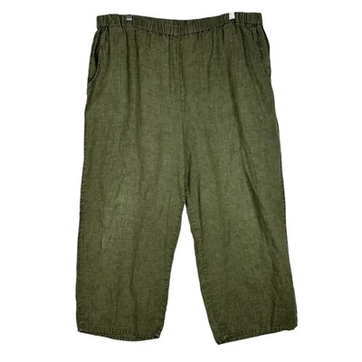 Flax Pants Womens Large Olive Green Linen Pull On Elastic Waist Cropped Pockets - Image 1 of 4