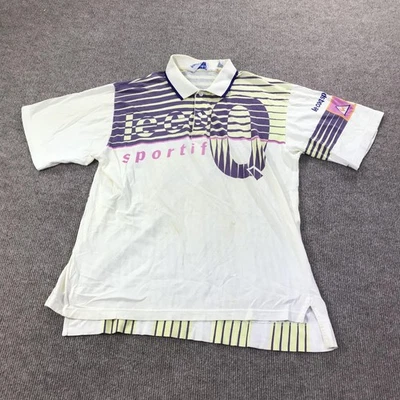 Camisa polo vintage Le Coq Sportif para hombre grande blanca púrpura gráfica años 90 Hong Kong Foto 1 de 4