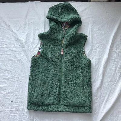 MINI BODEN Hooded Sherpa Vest Girls 7-8  Green Faux Fur Floral Lining Hood, 731  - Image 1 of 4