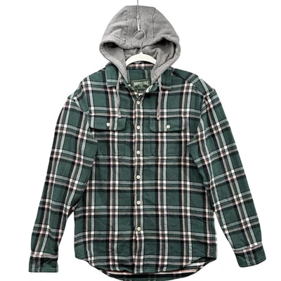Рубашка фланелевая с капюшоном American Eagle мужская маленькая зеленая клетчатая на пуговицах спереди повседневная - Изображение 1 из 4