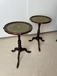 Pair Vintage Wood Tripod Side Tables Green Leather Top - Picture 1 of 9