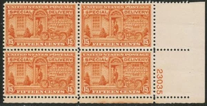 US USA Sc# E16 MNH FVF PLATE# BLOCK 11x10.5 Special Delivery Post Man Motorcycle - Picture 1 of 1