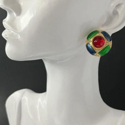 A Pair Red Glass Cabochon Earrings Matte Gold Blue Green Mogul Pierced - Image 1 of 4