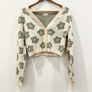 Altard State Cardigan Womens Large Green Long Sleeve Crop Floral Novelty Retro - Picture 1 of 10
