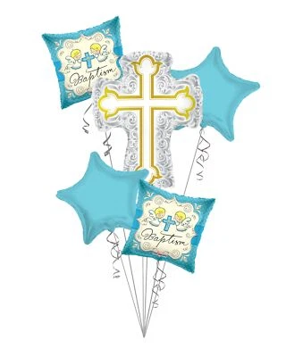 Baby Boy Christening, Baptism Silver & Gold Cross Balloon Bouquet (5 Balloons) - - Image 1 of 4
