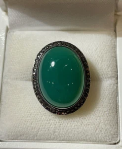Vintage Ovale Verde Onice Cabochon Marcasite Argento Size 5 Solitario Anello DD4 - Foto 1 di 10