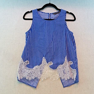 ZARA Bright Cobalt Blue Striped Sleeveless Top with Lace & Split Back, Sz XS - Picture 1 of 5