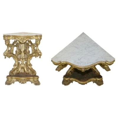 EXQUISITE ANTIQUE ITALIAN GOLD GILTWOOD ITALIAN MARBLE HERM CARVED CORNER TABLE - Image 1 of 4