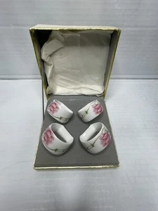 4 VINTAGE MIKASA BONE CHINA NAPKIN RINGS "JUNE ROSE" ORIGINAL BOX PINK EUC - Picture 1 of 9
