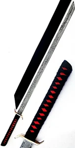 DAMASCUS STEEL JAPANESE KATAANA WARRIOR SWORD BLADE BRASS GUARD & LEATHER SCAB - Picture 1 of 5