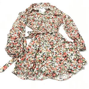 H&M Floral Print Long Balloon Sleeve Ruffle Mini Dress Women’s Belted Size M New - Picture 1 of 6