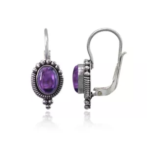 Oval Simulierte Cabochon Amethyst Bali Perlen Hebel Zurück Ohrringe 925 Silver - Bild 1 von 3