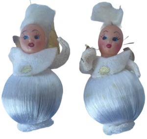 Satin Ball Angel Ornaments MCM Handmade Vintage Christmas 2 White Hanging Dolls - Picture 1 of 13