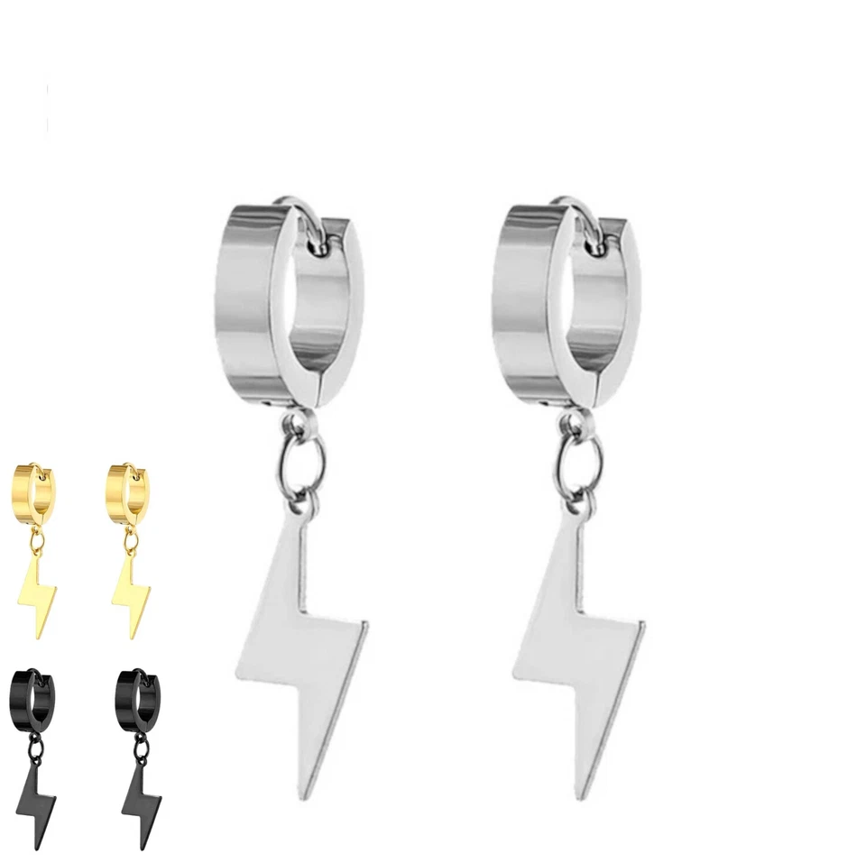 Orecchini a cerchio acciaio pendente fulmine punk colore oro/argento/nero unisex - Immagine 1 di 1