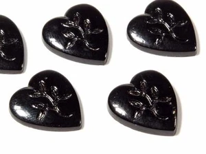 Lote (6) Cabujones Vintage Checos Floral Grabado Corazón Vidrio Negro 15mm - Imagen 1 de 3