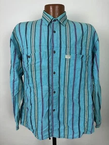 Vintage 80s Striped Shirt Men M Button Up Surf Skate Beach Distressed Blue PCH - Picture 1 of 22