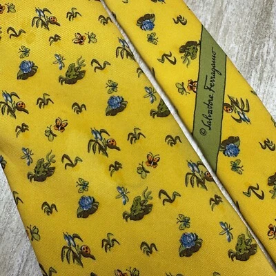 Salvatore Ferragamo Yellow Silk Neck Tie Flowers Lady Bugs Butterflies Frogs - Image 1 of 4