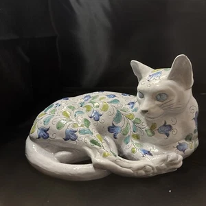 Vintage Italian Art Pottery Glazed Terra Cotta Cat Floral Sculpture - Picture 1 of 6