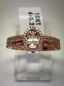 10K Rose Gold Oval Shape Morganite and 0.25ct twt Diamond Halo Ring Gemstone New - Picture 1 of 12