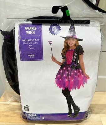 Fantasia de Bruxa Brilhante para Meninas | Tamanho Médio (8-10 Anos), Preto/Rosa - Imagem 1 de 4