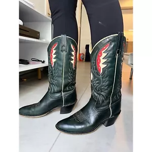 Vintage Acme Green Leather Cowboy Boots red Cream Inlay Embroider M 8 W 9.5 RARE - Picture 1 of 20